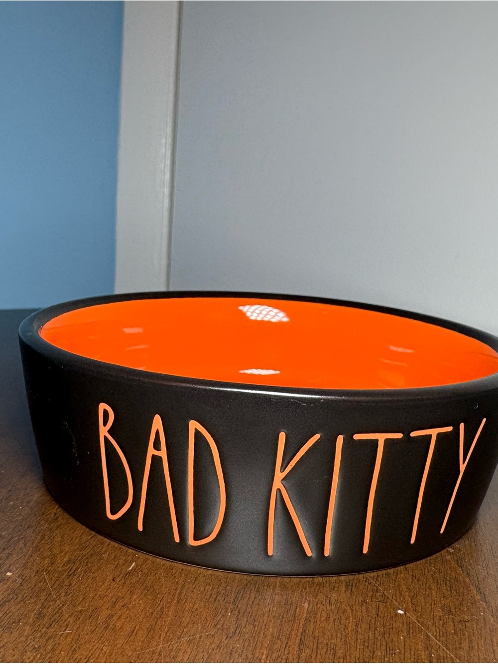 Rae Dunn Black Ceramic Pet Bowl with Bright Orange Interior